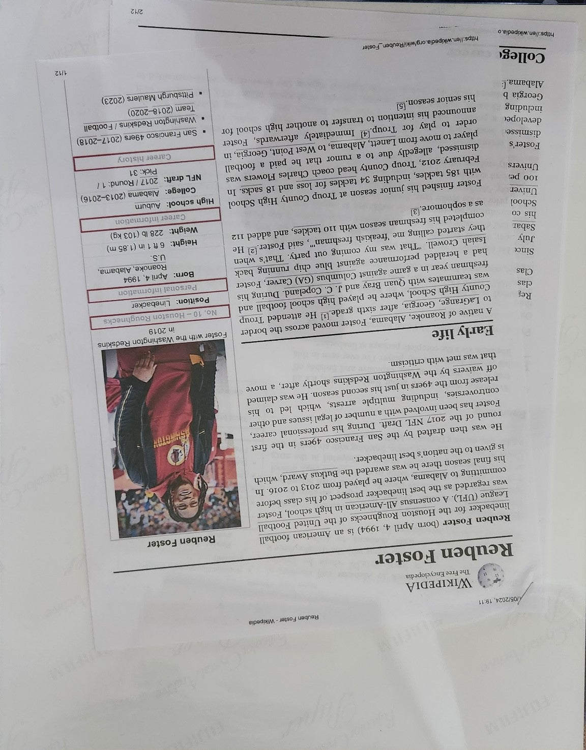 Autographed - Ruben Foster - JSA Certified