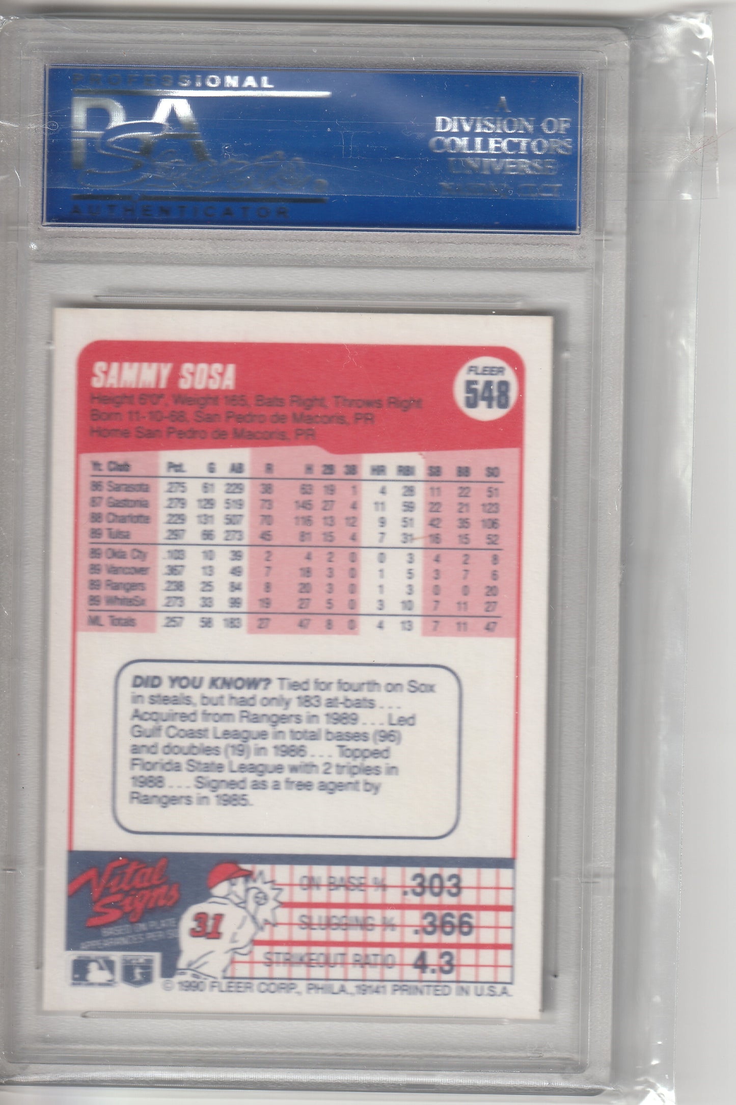 1990 Fleer - Sammy Sosa - PSA Mint 9