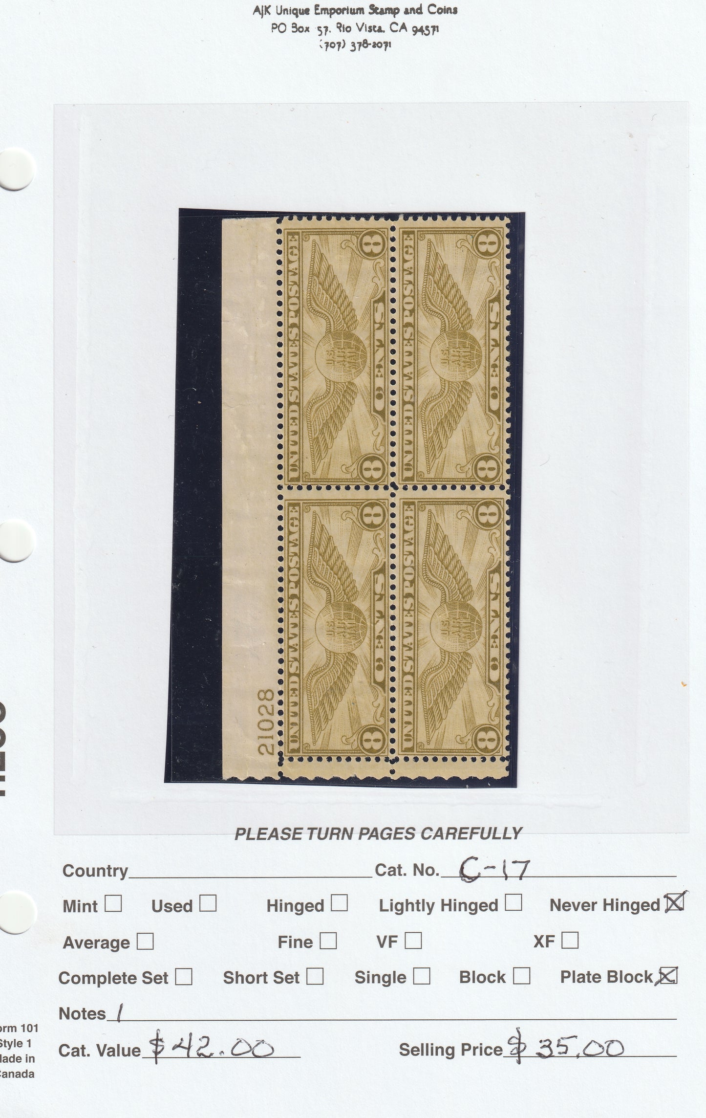 8 Cents U.S. Air Mail Postage Stamps - Never Hinged Plate Block