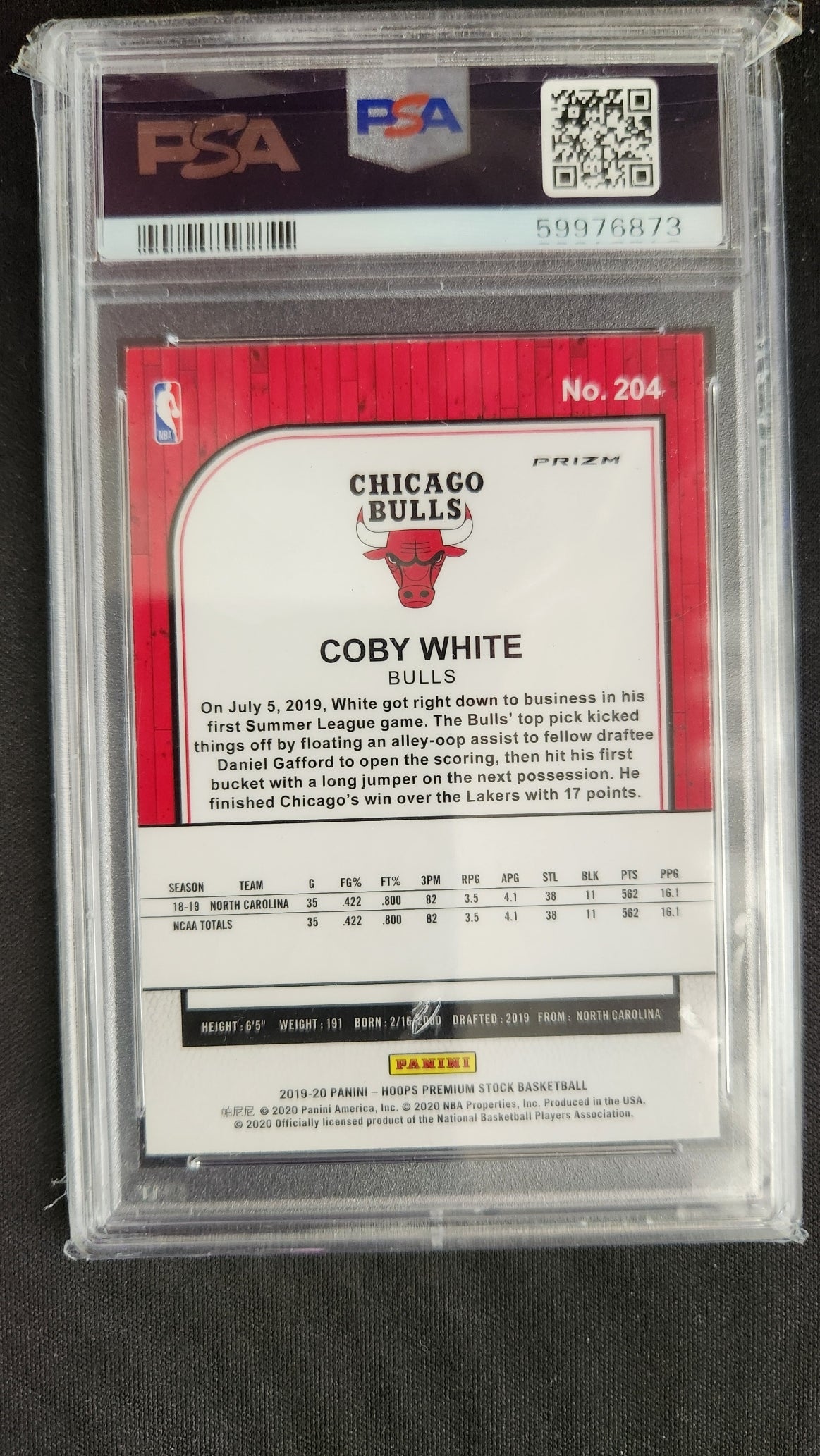 2019 Hoops Premium Stock - Coby White - Green Prizm #204 - PSA GEM MT 10