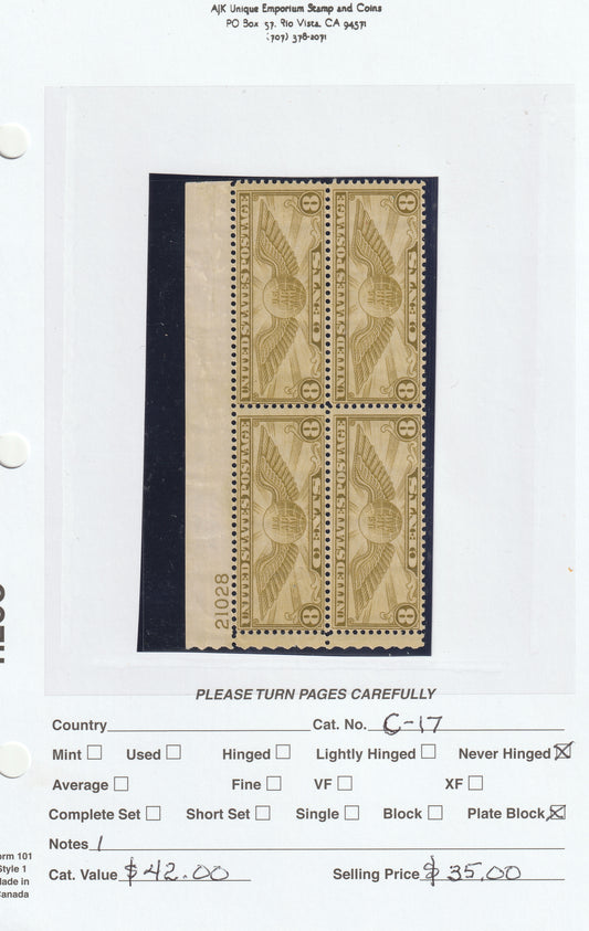 8 Cents U.S. Air Mail Postage Stamps - Never Hinged Plate Block
