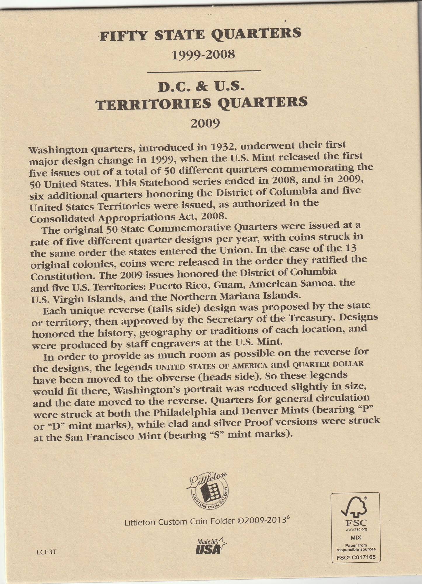 Fifty State Commemorative Quarters - 1999 - 2008 - D.C. & U.S. Territories