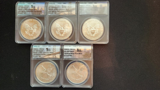 2021 Silver Dollars - Complete 5-Coin Set - ANACS MS70